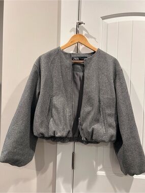 Zara Gray Wool-Blend Bomber Jacket